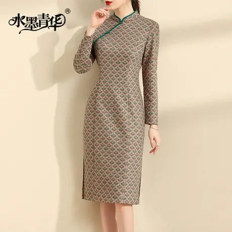 水墨青华2024春装新品气质优雅复古旗袍裙显瘦修身印花打底连衣裙商品大图