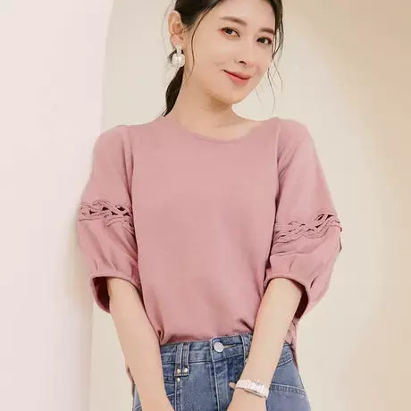 桔熊夏季甜美休闲镂空泡泡袖圆领纯色t恤套头上衣女装大码AB17730图片