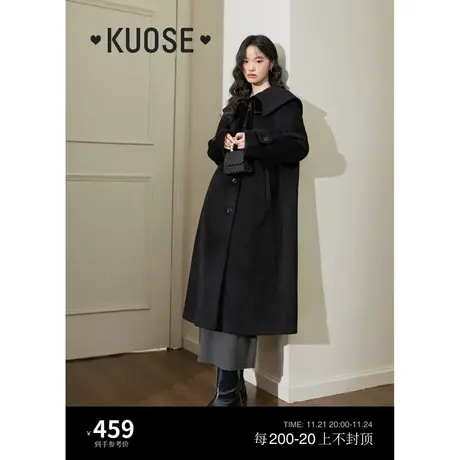 阔色黑色海军领翻领毛呢外套女2023秋冬季新款蝴蝶结长款呢子大衣商品大图