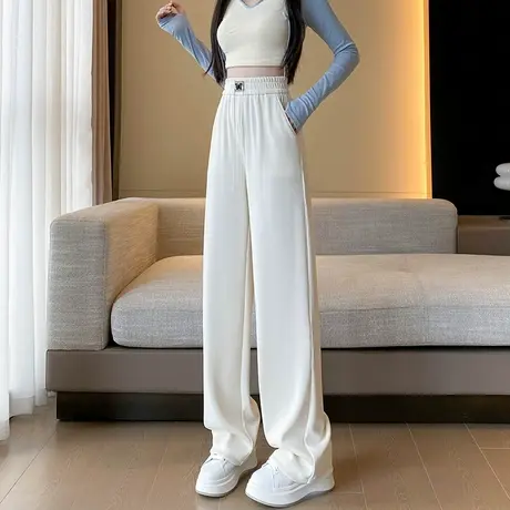 白色针织阔腿裤女2024春秋新款高腰显瘦窄版直筒抽绳休闲拖地裤子商品大图