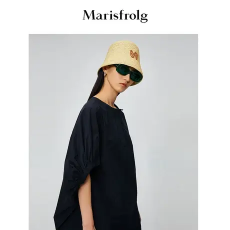 玛丝菲尔夏新款纯棉宽松泡泡袖五分袖黑色短袖T恤商品大图