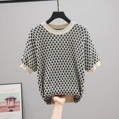 2023夏季新款圆领短袖针织衫女士百搭上衣T恤韩版宽松体恤衫毛衣商品大图