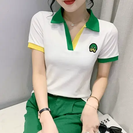 夏季时尚polo领T恤女短袖网红拼色洋气上衣独特别致小衫修身体恤商品大图