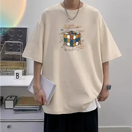 纯棉短袖t恤男士夏季宽松港风五分半袖男潮牌字母印花青少年体恤T商品大图