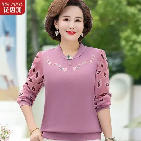 妈妈秋装洋气上衣长袖中年女春秋打底小衫中老年时尚减龄针织T恤商品大图