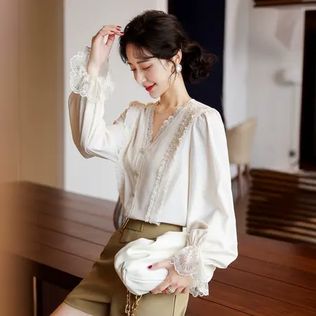 时尚花边小女人衬衫春季新款女士温柔淑女显瘦百搭简约上衣图片