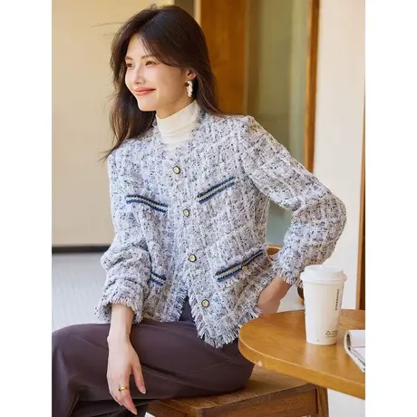 时尚气质小香风外套2023年秋季新款淑女温柔甜美V领显瘦通勤上衣图片