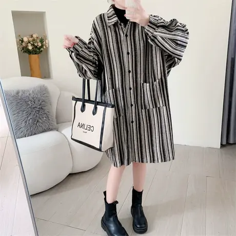 中长款宽松BF慵懒风条纹长袖衬衫女2023年新款秋季复古休闲外套潮商品大图