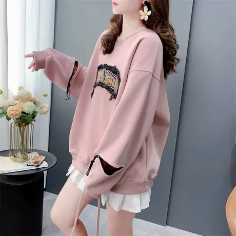 设计感袖口拉链加绒加厚圆领卫衣女秋冬2023新款百搭刺绣字母上衣商品大图