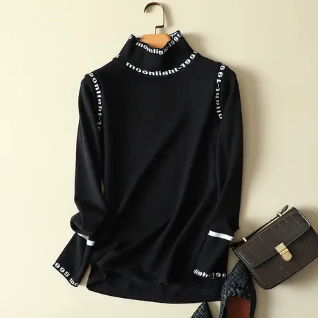 字母提花半高堆堆领毛衣女士修身洋气针织秋冬2023新款上衣打底衫图片