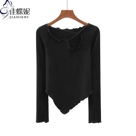 早春新款韩版荷叶边修身纯棉纯色纯欲不规则长袖体恤上衣女打底衫商品大图
