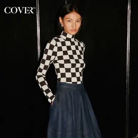COVER秋季小高领棋盘格羊毛针织衫商品大图