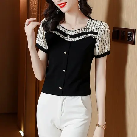 2023夏季新款t恤女短袖宽松显瘦方领拼接短款小衫妈妈薄款衬衫女商品大图