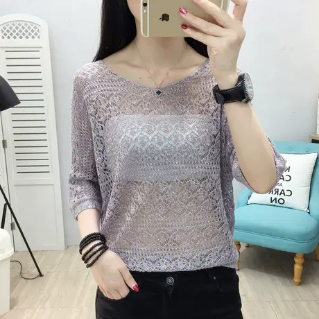 冰丝针织衫镂空上衣薄款半袖蝙蝠衫短款t恤女宽松网洞衫罩衫防晒商品大图
