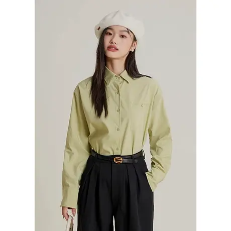 弥古绿色衬衫外套女春秋打底长袖高级感休闲口袋衬衣宽松显瘦上衣商品大图