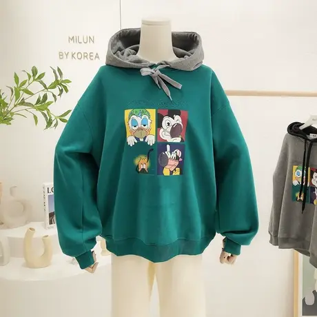 2021秋冬季新款韩国东大门原宿港风搞怪卡通加绒连帽卫衣休闲宽松商品大图