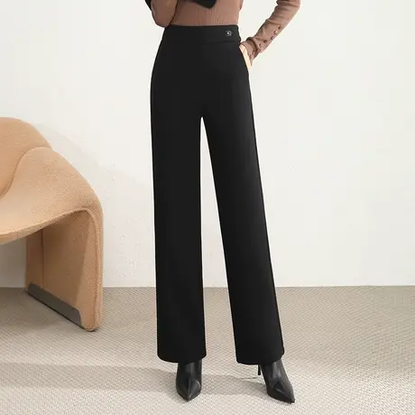 黑色加绒阔腿裤女2023年秋冬新款高腰垂感宽松休闲裤显瘦百搭长裤图片