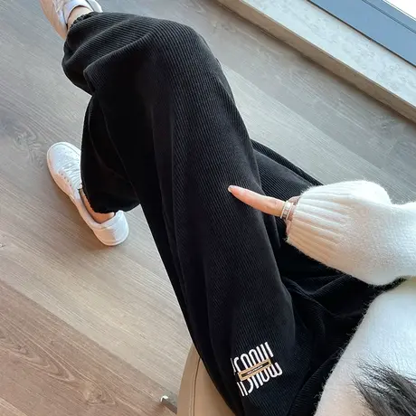 黑色灯芯绒运动裤女2023年春秋新款高腰宽松显瘦九分休闲束脚卫裤商品大图