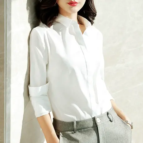小领子白色打底衬衫女长袖正装衬衣免烫面试工作服显瘦职业工装图片