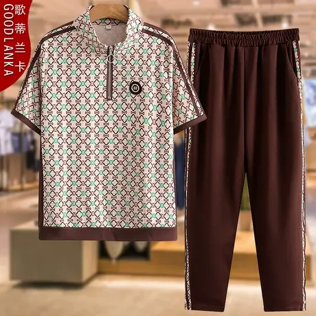 大码中年妈妈夏装休闲套装洋气2023新款宽松中老年印花短袖两件套商品大图