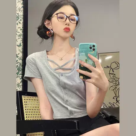 u领锁骨修身正肩短袖t恤女夏纽扣设计感短款小个子纯欲螺纹棉上衣商品大图