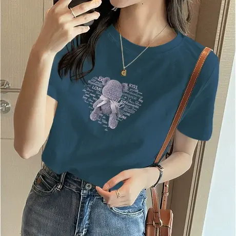 2023新款潮牌小熊纯棉宽松短袖t恤女夏季半袖正肩体恤衫打底上衣图片