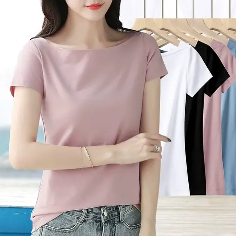粉色纯棉一字肩领短袖t恤女夏装新款纯色简约修身弹力上衣打底衫商品大图