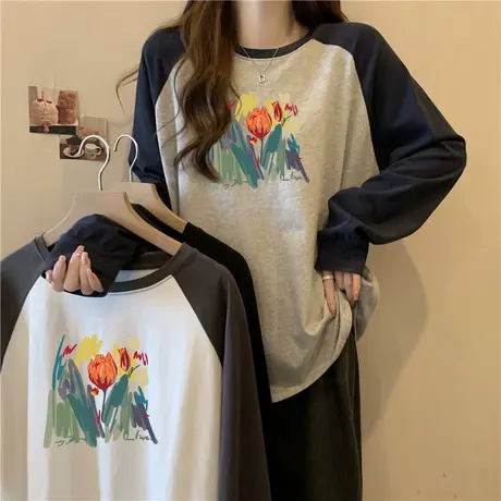 双面德绒磨毛长袖T恤女秋冬季内搭加绒加厚打底衫撞色插肩袖上衣商品大图