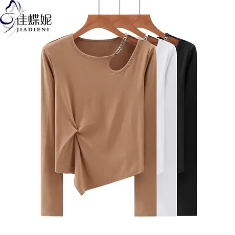 早春新款韩圆领露肩修身纯棉扭结不规则长袖体恤上衣内搭女小心机图片