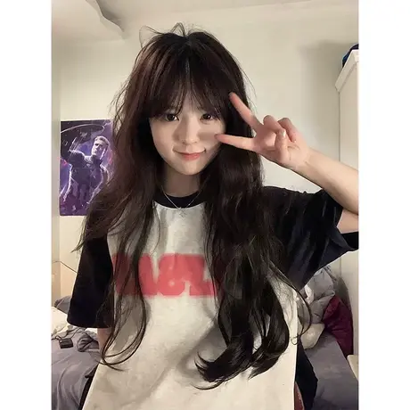 黑色高级感插肩袖t恤女大码胖mm显瘦遮肚上衣ins潮夏美式高街短袖图片