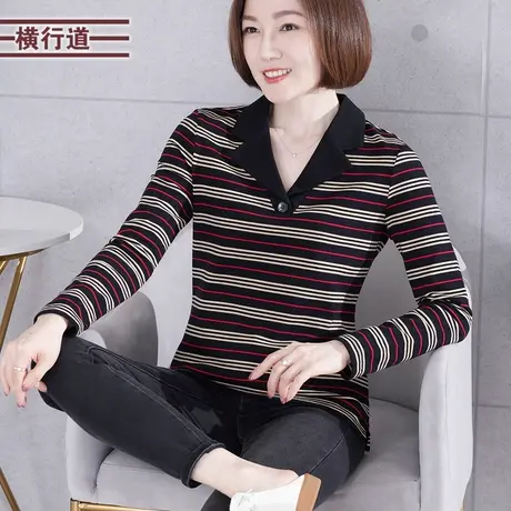 翻领条纹休闲宽松2024年新款春装减龄长袖t恤打底衫大码妈妈上衣商品大图
