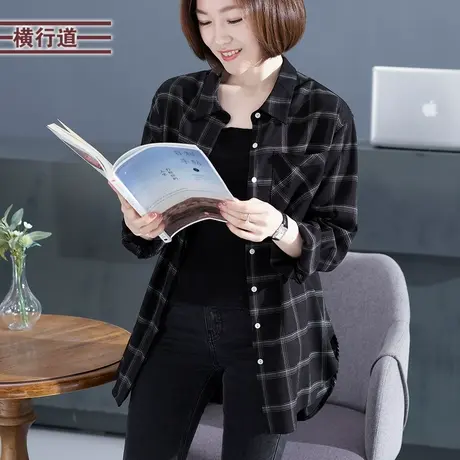 2025年新款春装黑格子衬衫妈妈长袖外穿衬衣女士外套中长款防晒衣商品大图