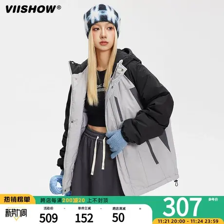 VIISHOW街头复古撞色拼接连帽工装外套加厚保暖男潮宽松防寒棉服商品大图