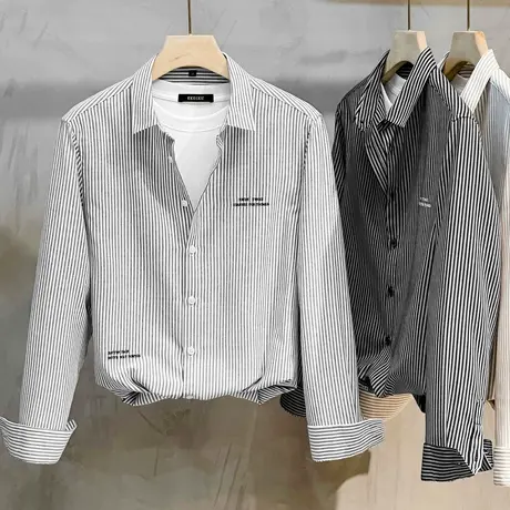 衬衫男长袖春秋季新款潮流商务高级感男装上衣服刺绣休闲条纹衬衣商品大图