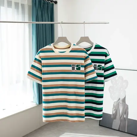 圆领条纹短袖T恤清爽舒适透气五分袖休闲时尚青年夏季修身上衣潮商品大图