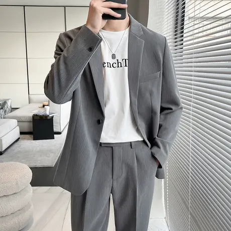 纯色休闲西装男垂感外套潮流痞帅微宽松西服搭配修身西裤一套装潮图片