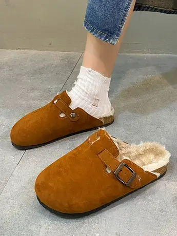 毛毛勃肯鞋女2023新款秋冬季一脚蹬加绒博肯单鞋平底包头半拖鞋女商品大图