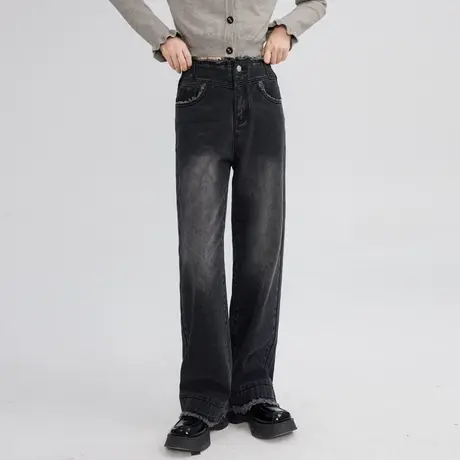 毛边高腰黑色美式复古潮牌直筒牛仔裤女宽松显瘦小众设计感裤子图片