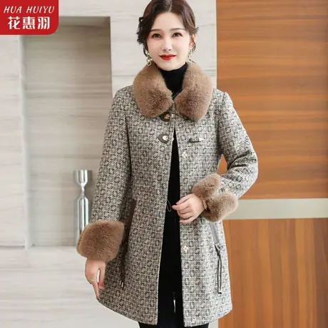 妈妈冬装加绒加厚格子外套中老年女秋冬中长款水貂绒大衣毛呢上衣图片