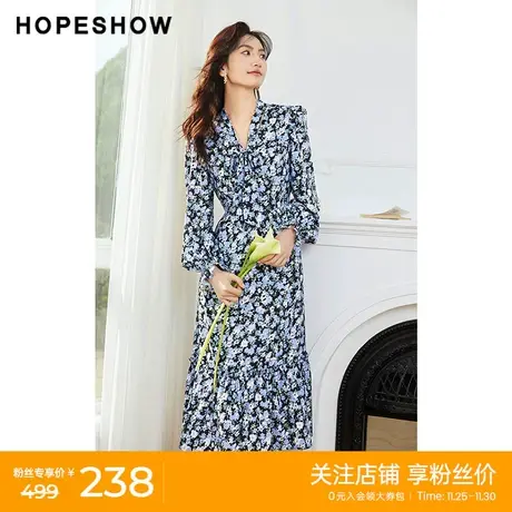 红袖outlets泡泡袖碎花裙hopeshow2023春季新款女装收腰连衣裙图片