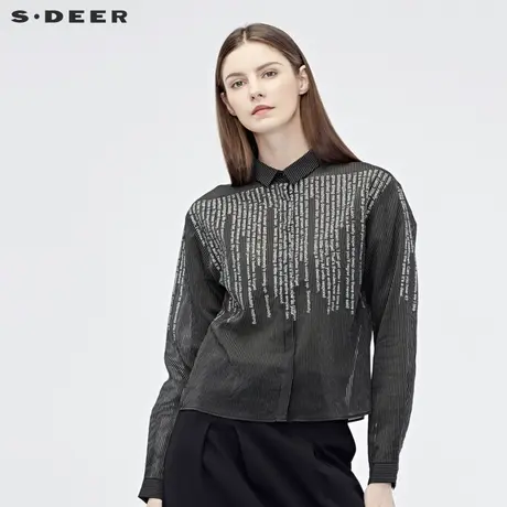 sdeer圣迪奥2019女秋休闲翻领半透明字母印花条纹衬衫S19180553图片