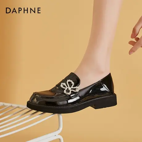 达芙妮一脚蹬乐福鞋女2021新款黑色厚底小皮鞋女英伦风粗跟单鞋女商品大图