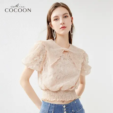 missCOCOON蕾丝上衣女2023年夏季新款绣花大翻领花苞袖收腰雪纺衫商品大图