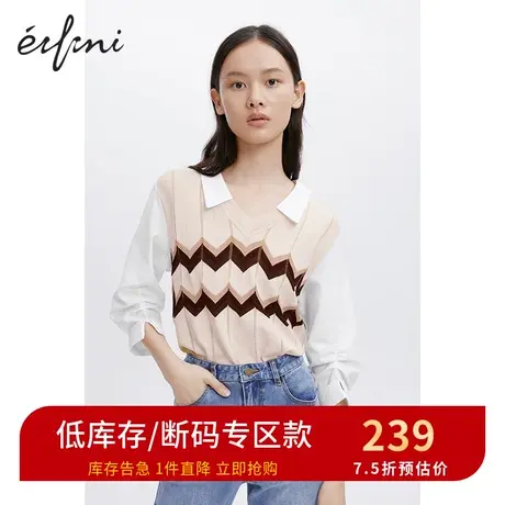 伊芙丽毛针织衫女商场同款翻领七分袖个性拼接套头上衣1B7231331图片