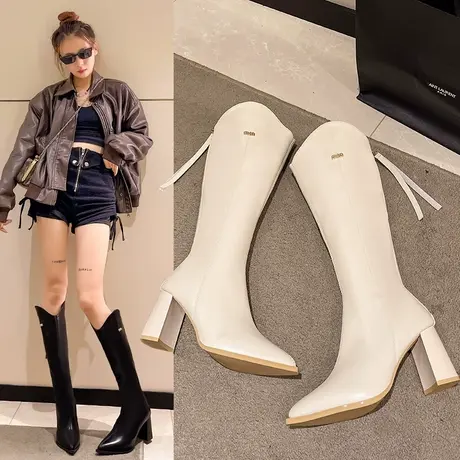 长筒靴子女2023新款秋冬尖头高跟粗跟长靴高筒骑士靴后拉链瘦瘦靴图片