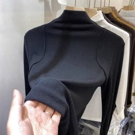 洋气减龄半高领长袖T恤女2024新款德绒加厚秋冬装修身显瘦上衣潮商品大图