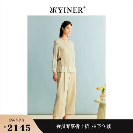 YINER音儿女装秋季绵羊拼桑蚕丝毛针织衫套头法式假两件上衣商品大图