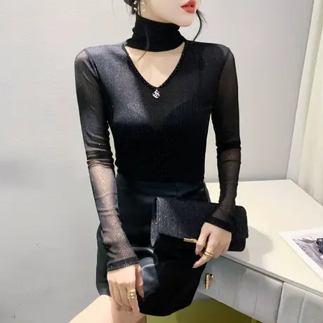 设计感网纱高领打底衫时尚镂空钉珠套头洋气减龄内塔上衣女T恤ins商品大图