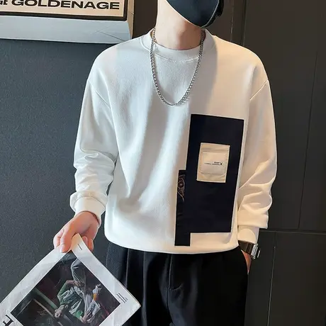 个性T恤男长袖春秋季休闲拼色上衣打底衫秋装高级感潮流卫衣外套商品大图