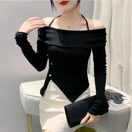性感一字领不规则下摆开叉打底衫长袖时尚辣妹露肩上衣女修身T恤图片